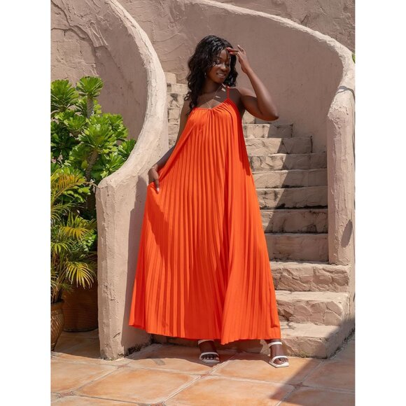 Women's Summer Woven Cotton Polyester A-Line Dress Adjustable Straps Pockets - Picture 2 of 7